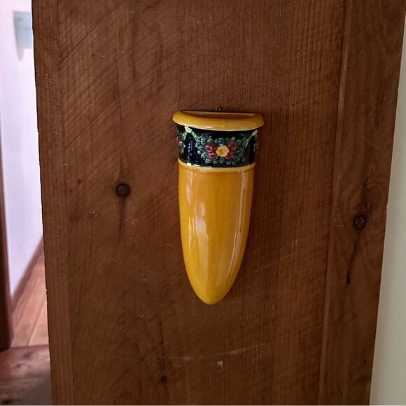 Vintage Yellow Ceramic Wall Vase with Floral Swag  Design - Picture 3 of 9